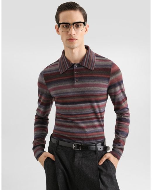 Dolce & Gabbana Brown Striped Wool Polo Shirt for men