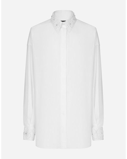Dolce & Gabbana White Long-Sleeved Cotton Shirt With Embroidered Collar