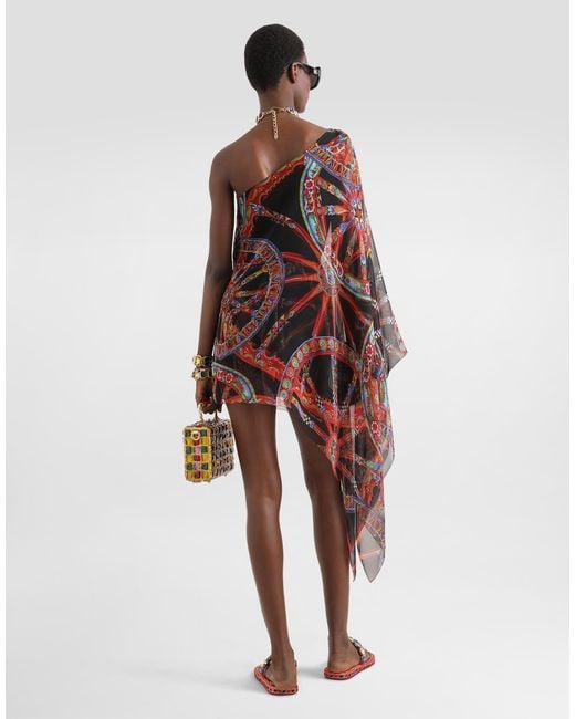 Dolce & Gabbana Red One-Shoulder Carretto-Print Chiffon Dress