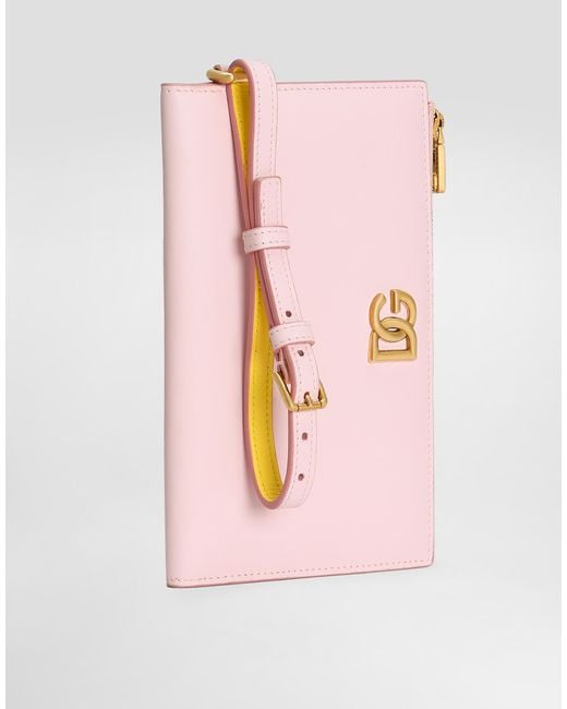 Dolce & Gabbana Pink Calfskin Passport Holder With Dg Logo