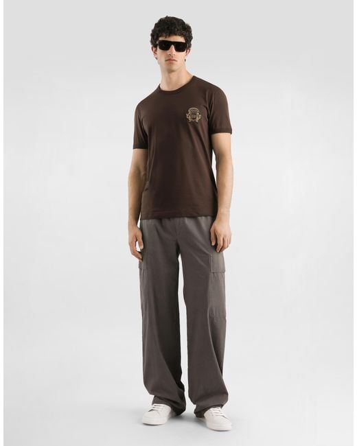 Dolce & Gabbana Brown Cotton T-Shirt With Heraldic Patch for men