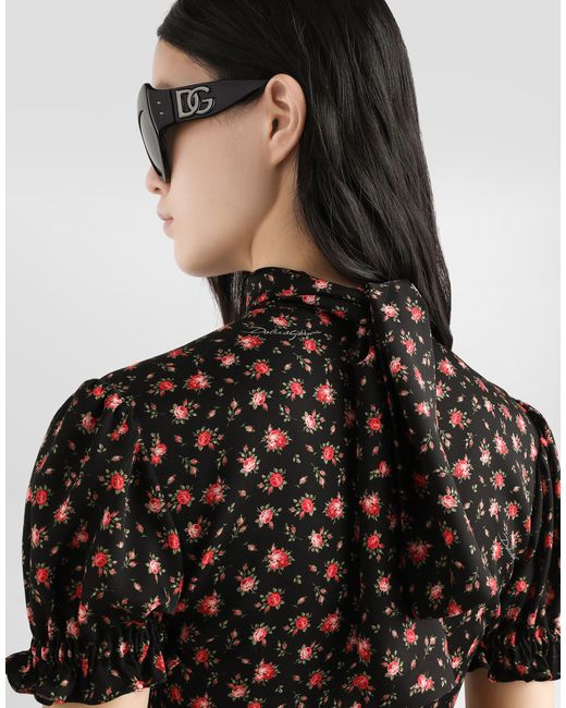 Dolce & Gabbana Black Small Rose-Print Charmeuse Top