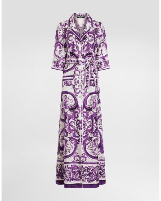 Long Majolica-Print Silk Dressing Robe Dolce & Gabbana en coloris Purple