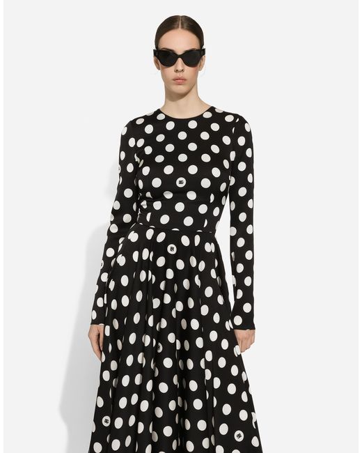 Dolce & Gabbana ドットプリント シャルムーズ ロンゲット サーキュラースカードドレス White