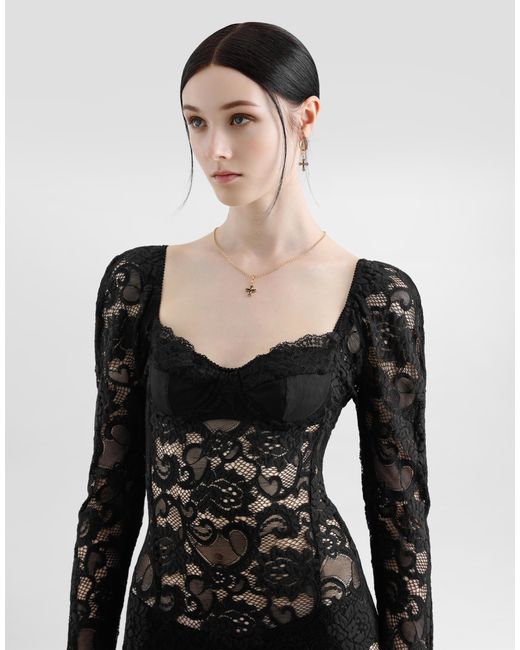 Dolce & Gabbana Black Calf-Length Floral Lace Dress With Bra-Style Cups