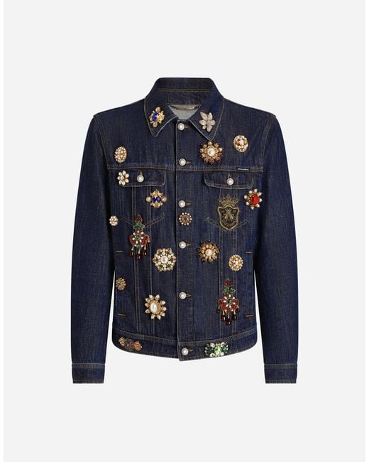 Dolce & Gabbana Blue Cotton Denim Jacket With Bejeweled Detailing for men
