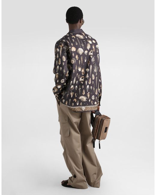 Dolce & Gabbana Black Shell-Print Oversized Linen Canvas Shirt for men