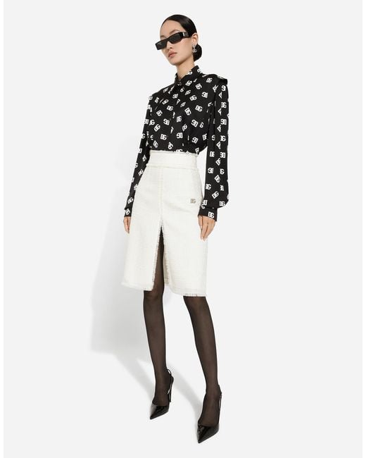 Dolce & Gabbana White Raschel Tweed Midi Skirt With Central Slit