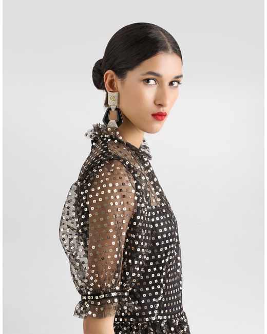 Dolce & Gabbana スパンコール チュール ロンゲット ベビードールドレス Black