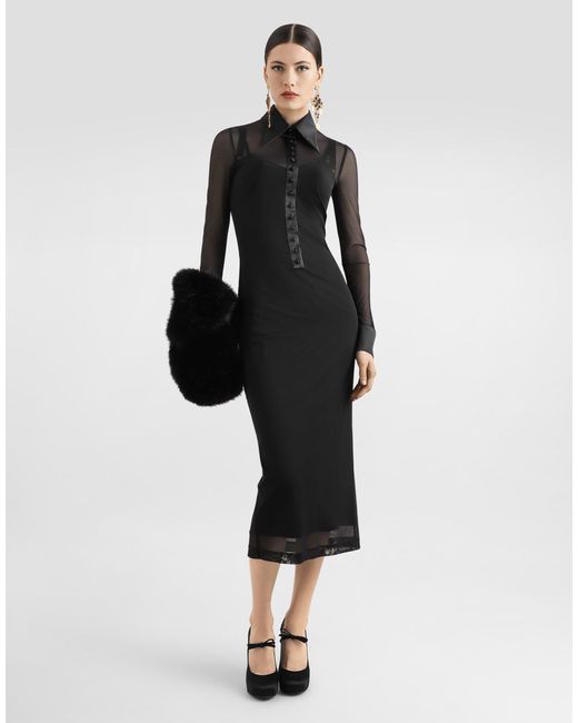 Dolce & Gabbana Black Tulle Shirt Dress With Satin Details