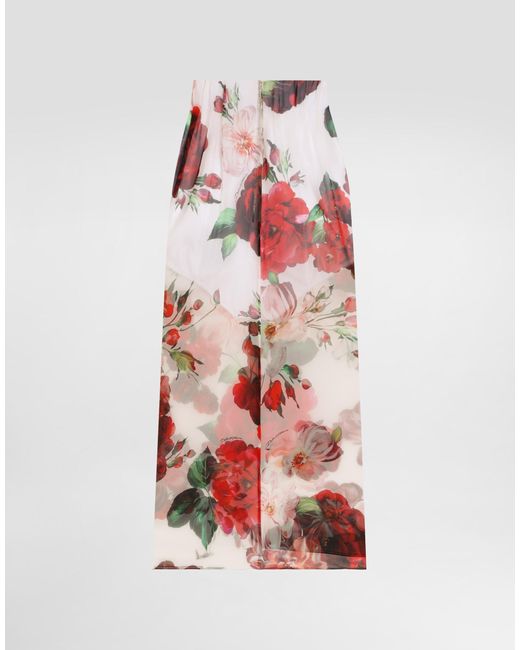 Dolce & Gabbana White Longuetterock Aus Chiffon Rosenprint