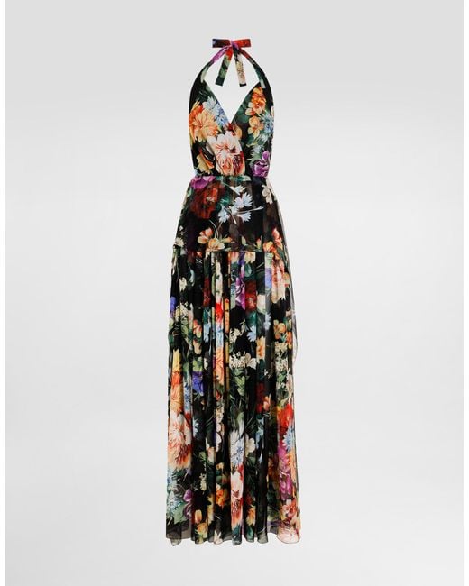 Dolce & Gabbana White Langes Kleid Aus Chiffon Mit Blumenbouquet-Print