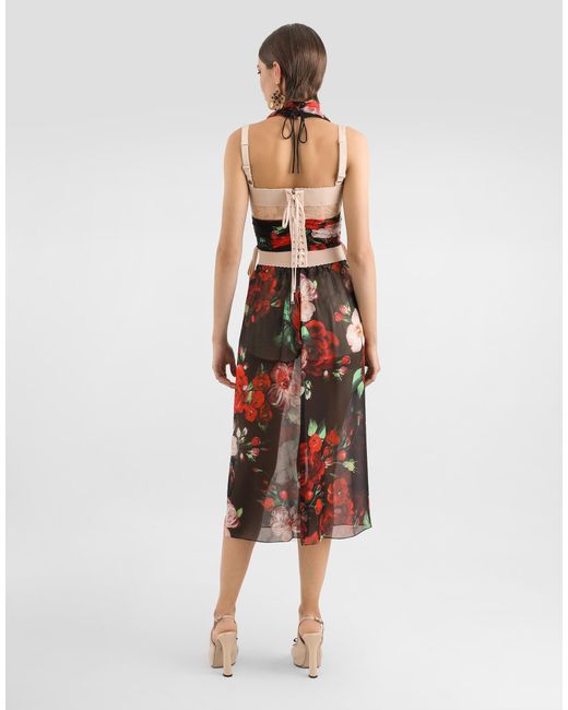 Dolce & Gabbana Red Rose- Chiffon Calf-Length Skirt