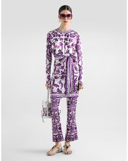 Dolce & Gabbana Majolica Print Silk Trousers Purple