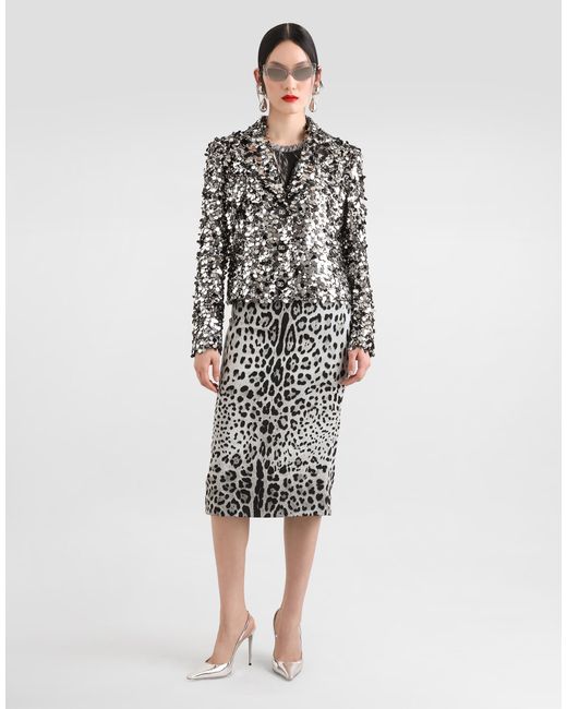 Dolce & Gabbana White Charmeuse Calf-Length Pencil Skirt With Leopard