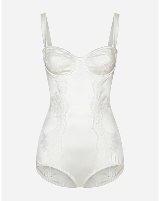 Dolce & Gabbana White Silk Balconette-Bra Bodysuit With Lace Detailing