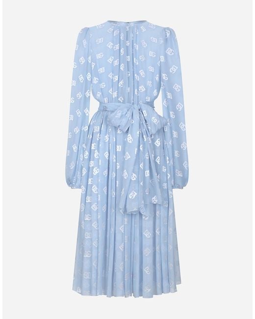 Dolce & Gabbana Blue Longuette-Kleid Aus Ausbrenner-Seidenjacquard Dg-Logo