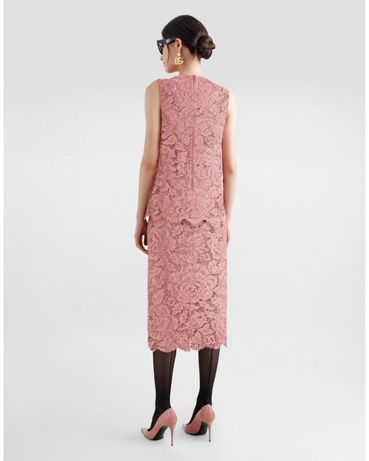 Dolce & Gabbana Pink Logoed Floral Cordonet Lace Pencil Skirt
