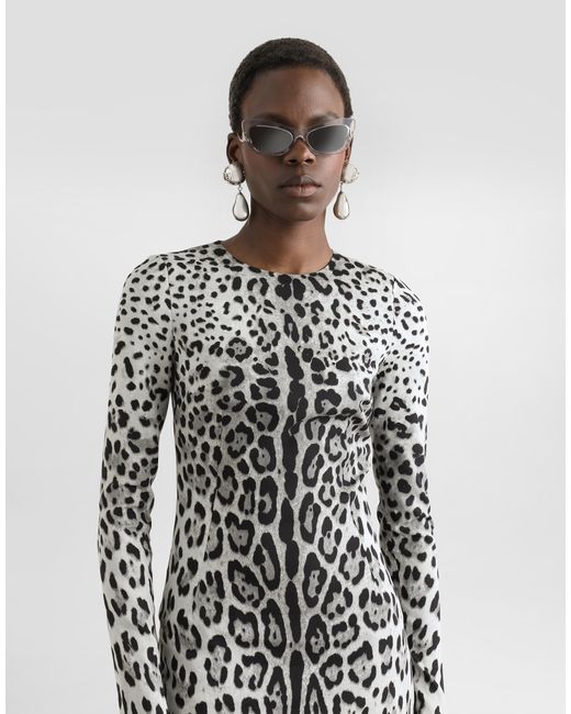 Dolce & Gabbana White Charmeuse Calf-Length Sheath Dress With Leopard