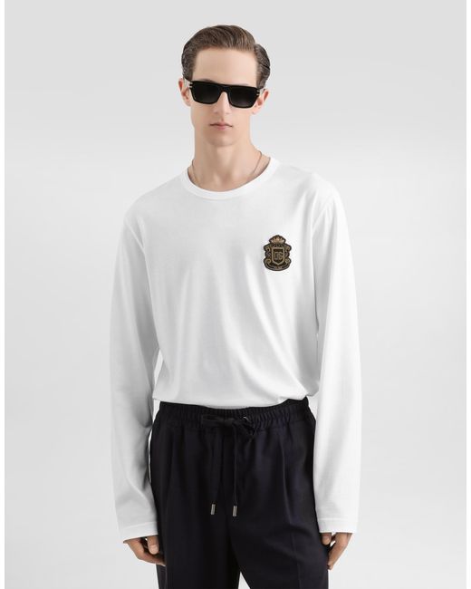 Dolce & Gabbana White Cotton T-Shirt With Heraldic Patch for men