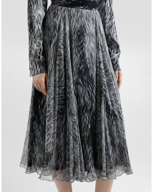 Dolce & Gabbana Gray Chiffon Calf-Length Circle Skirt With Fur Print