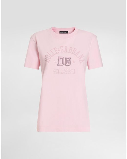 Dolce & Gabbana Pink Oversize Jersey T-Shirt With Raised Dg Logo Embroidery