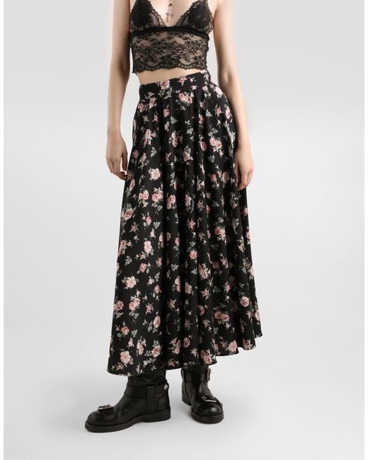 Dolce & Gabbana White Vintage Roses-Print Charmeuse Circle Skirt