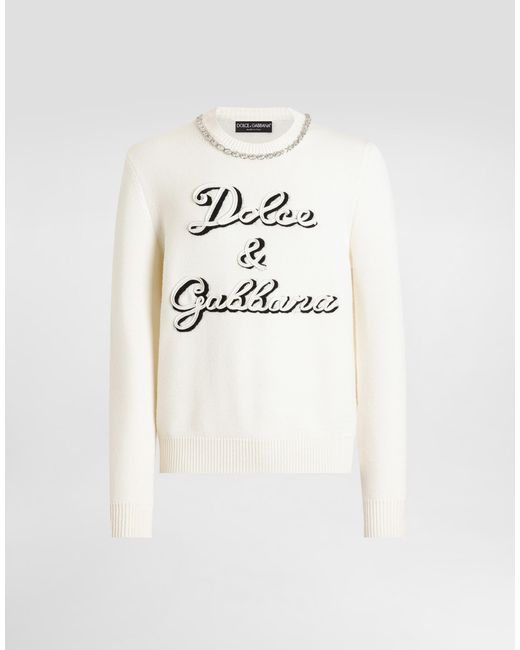 Dolce & Gabbana White Wool Pullover With Intarsia for men