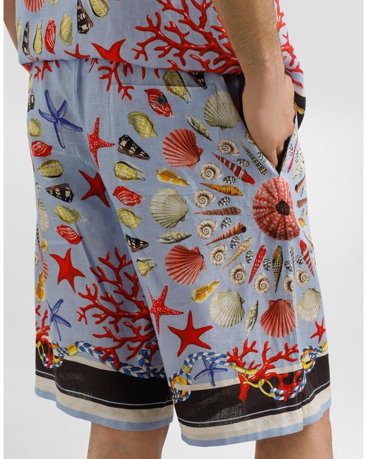 Dolce & Gabbana White Shell-Print Linen Canvas Trousers for men