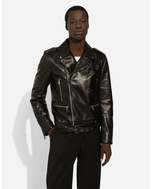 Dolce & Gabbana Black Belted Leather Biker Jacket for men