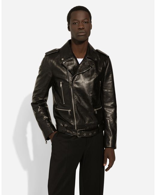 Belted Leather Biker Jacket Dolce & Gabbana de hombre de color Black
