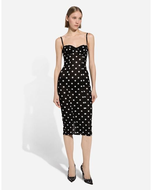 Dolce & Gabbana Black Stretch Midi Sheath Dress With Polka Dot Print