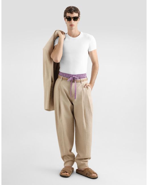 Dolce & Gabbana Natural Hemp And Silk Trousers With Tweed Effect for men