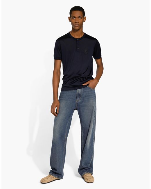 Dolce & Gabbana Blue Silk Granddad-Neck T-Shirt for men