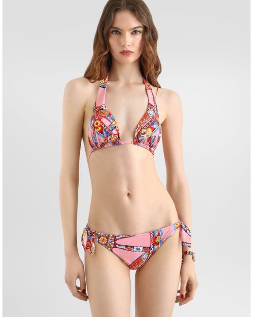 Dolce & Gabbana Red Carretto-Print Triangle Bikini