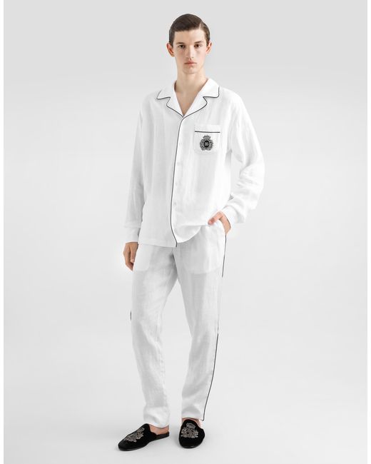 Dolce & Gabbana White Linen Vanity Shirt With Heraldic Emblem for men