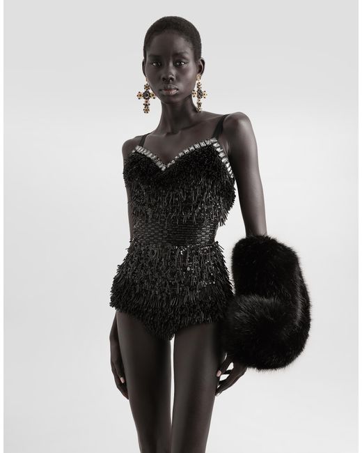Dolce & Gabbana Black Bestickter Body Mit Pailletten Und Kleinen Perlen