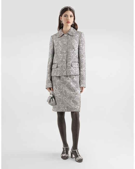 Dolce & Gabbana Gray Lamé Floral Jacquard Midi Skirt