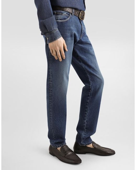 Vaqueros Corte Regular De Algodón Con Placa Dolce & Gabbana de hombre de color Blue