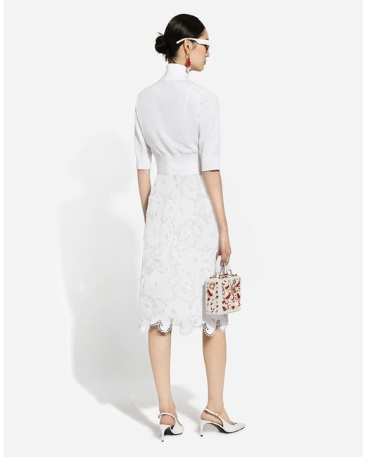 Dolce & Gabbana White Cotton Midi Skirt With Floral Openwork Detailing