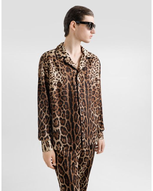 Dolce & Gabbana Brown Silk Vanity Shirt With Leopard for men