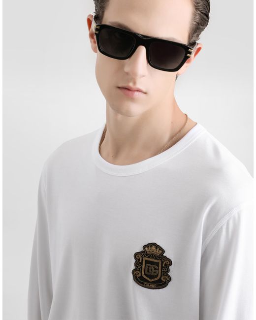 Dolce & Gabbana White Cotton T-Shirt With Heraldic Patch for men