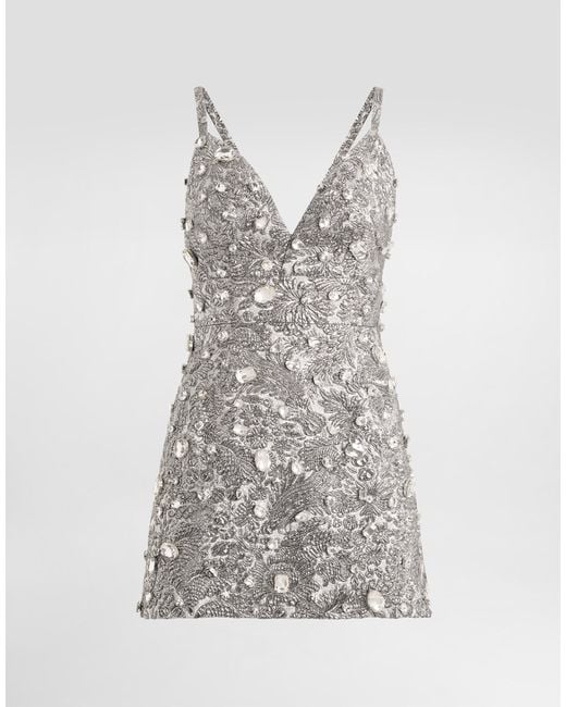Dolce & Gabbana Gray Brocade Dress With Embroidery