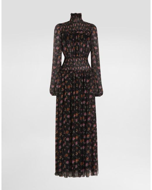 Dolce & Gabbana Black Floral-Print Long Chiffon Dress