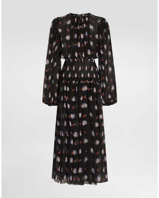 Dolce & Gabbana Black Small Floral-Print Long Chiffon Dress