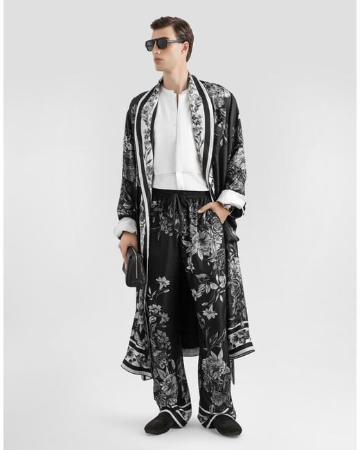 Dolce & Gabbana White Flower Bouquet-Print Jacquard Twill Robe for men