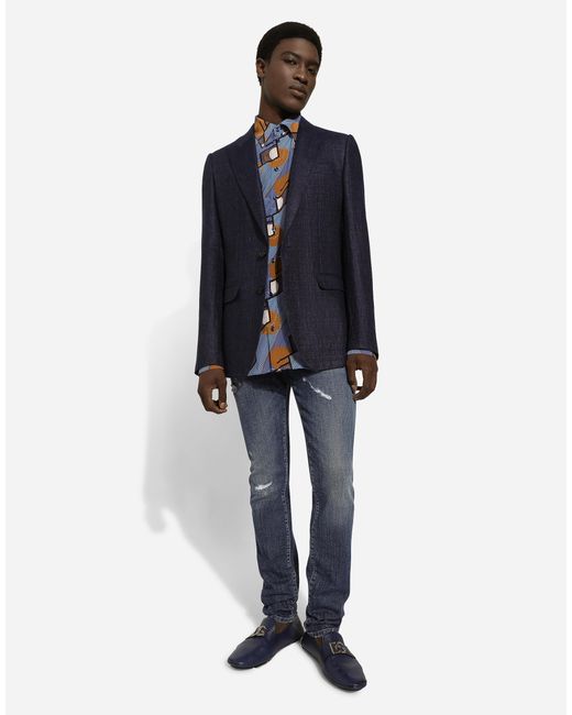 メンズ Dolce & Gabbana シングルブレストブレザー タオルミーナフィット リネンブレンド Blue