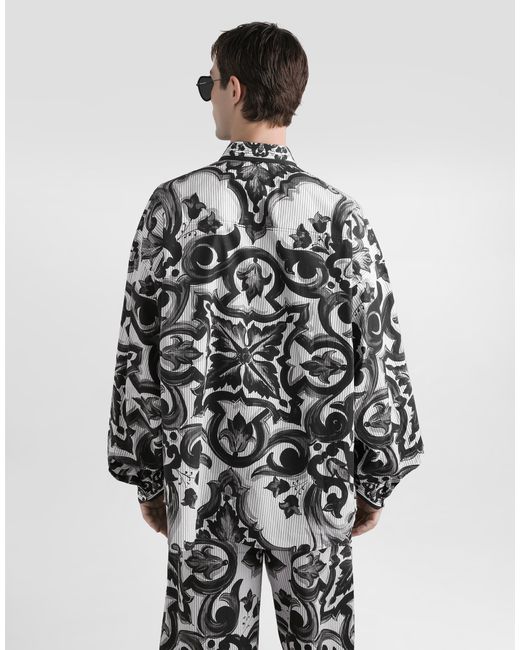 Dolce & Gabbana White Majolica-Print Oversized Striped Popeline Shirt for men