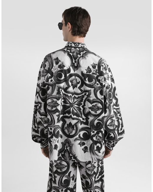 Dolce & Gabbana Oversize-Hemd Aus Gestreiftem Popeline Mit Majolika-Print in White für Herren