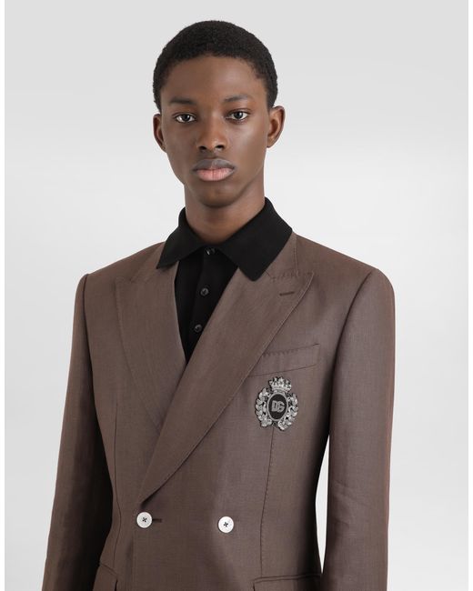 Dolce & Gabbana Brown Double-Breasted Linen Jacket With Patch for men